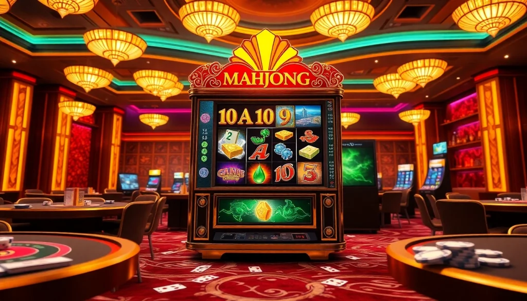 Rasakan sensasi slot demo Mahjong melalui adegan kasino yang penuh warna ini, menampilkan mesin slot yang elegan.