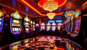 Pemain menikmati keseruan slot Depo 1K di kasino mewah dengan mesin slot yang berwarna-warni.