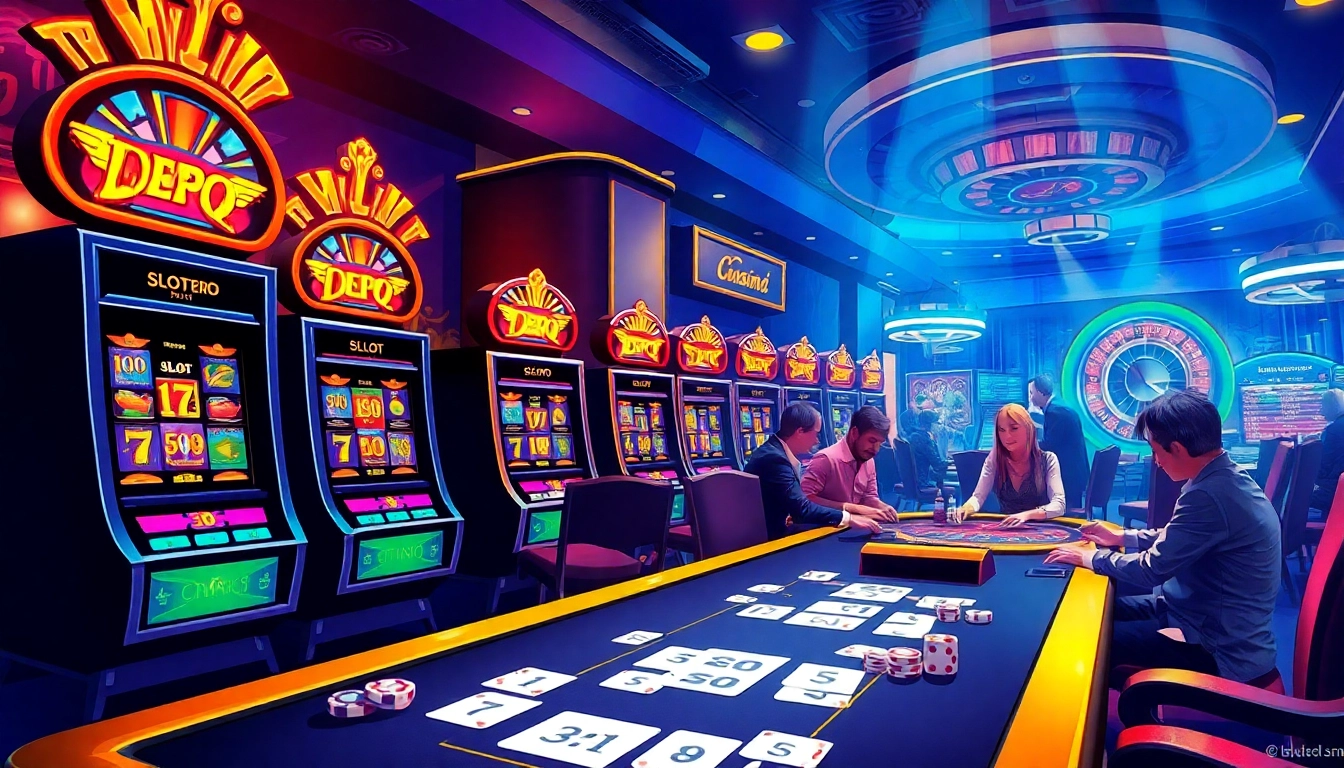 Experience the thrill of 'slot depo 5rb' with vibrant gaming machines and intense competition in a luxurious casino scene.
