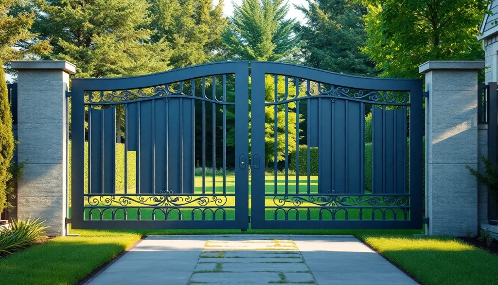 Custom steel gates beautifully showcased amidst a modern landscape, highlighting intricate details and style.