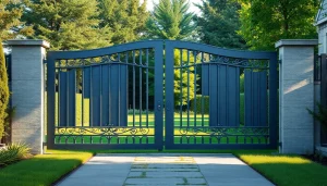 Custom steel gates beautifully showcased amidst a modern landscape, highlighting intricate details and style.