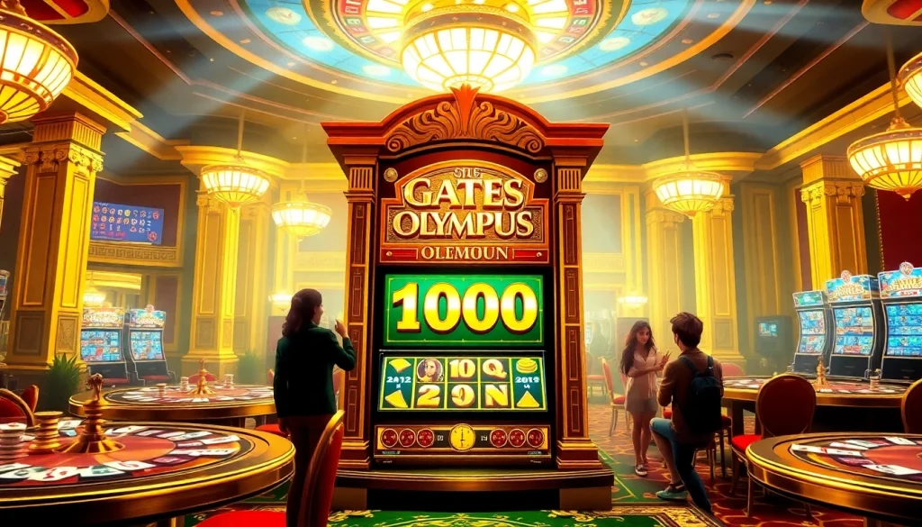 Players enjoying the thrilling Gates of Olympus 1000 slot machine experience at a luxurious casino.