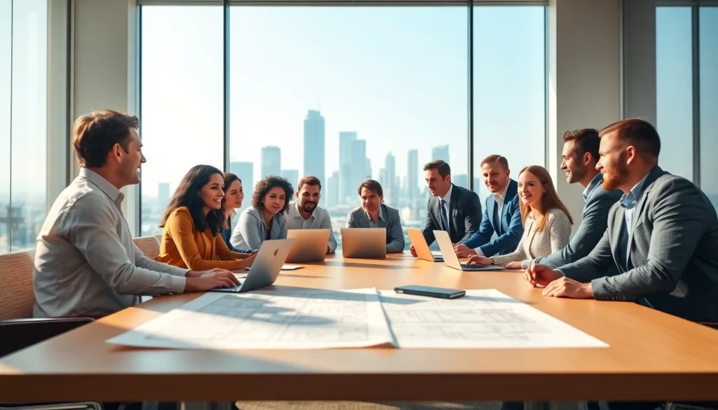 Engaged professionals discussing construction advocacy in Carolinas with blueprints on the table.