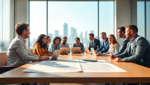 Engaged professionals discussing construction advocacy in Carolinas with blueprints on the table.