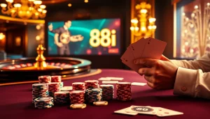 Engaging poker scene featuring 88i with luxurious chips and cards, highlighting the thrill of high-stakes gambling.