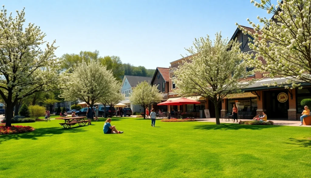 Families enjoying a sunny day at Clarksburg's community park with charming shops in the background.