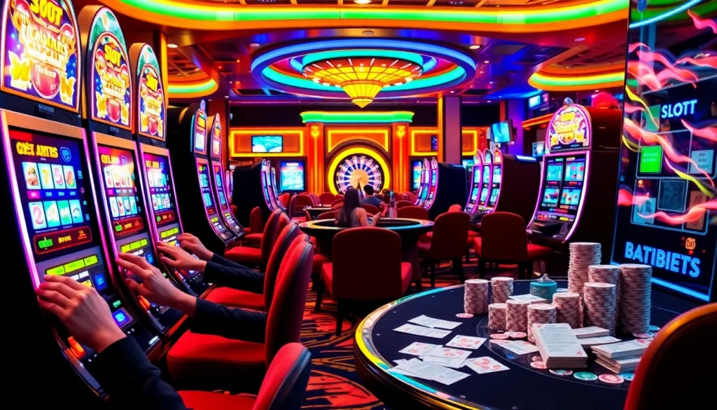 Pengalaman seru bermain slot deposit pulsa tanpa potongan di kasino yang hidup dengan mesin berwarna-warni dan taruhan.