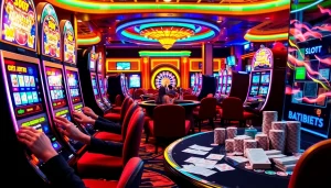 Pengalaman seru bermain slot deposit pulsa tanpa potongan di kasino yang hidup dengan mesin berwarna-warni dan taruhan.