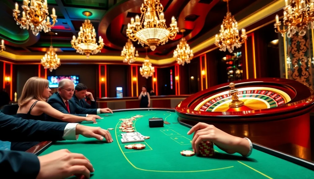 Gamblers enjoying an exciting game of blackjack at a lavish casino featuring the b52 slot machine.