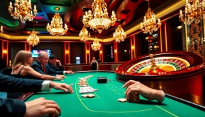 Gamblers enjoying an exciting game of blackjack at a lavish casino featuring the b52 slot machine.