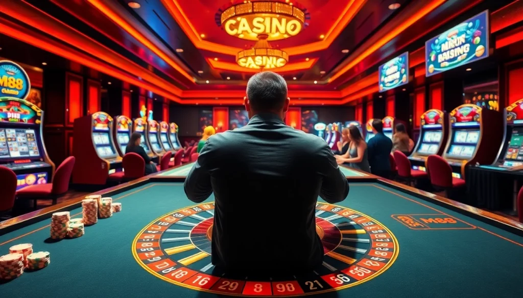 M88 casino excitement as players engage at a vibrant roulette table surrounded by colorful slot machines.