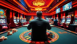 M88 casino excitement as players engage at a vibrant roulette table surrounded by colorful slot machines.