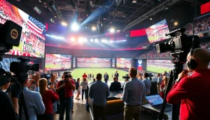 Captivating scene of sports broadcasting capturing lively presenters and vibrant studio atmosphere.
