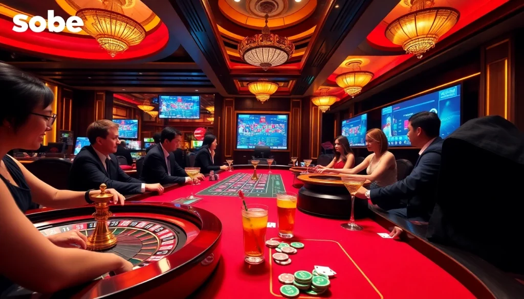 Players enjoying sbobet betting actions at a luxurious gambling table, showcasing excitement and strategy.