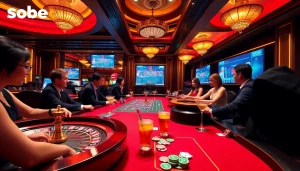 Players enjoying sbobet betting actions at a luxurious gambling table, showcasing excitement and strategy.