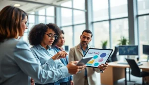 Analyze competitive intelligence data with a diverse team in a sleek modern office.