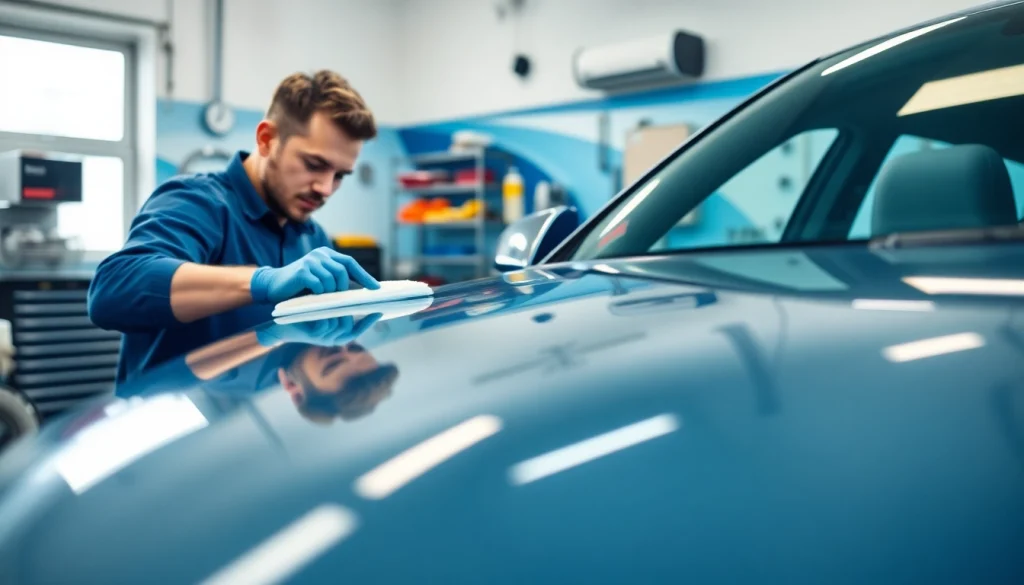 Expert team performing car detailing near me in a bright garage environment with tools.