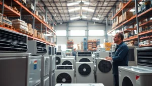 Showcase of Wholesale AC Units for Contractors in a professional warehouse environment.