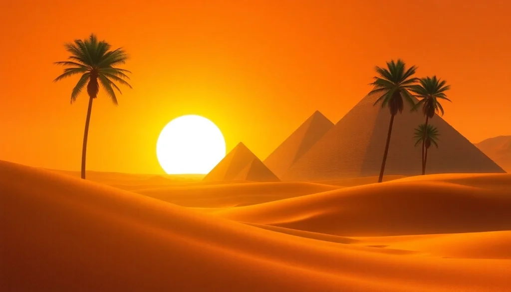 Piraminds shining brightly against a sunset in the Egyptian desert.