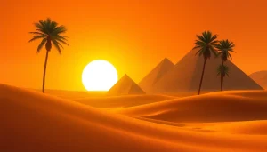 Piraminds shining brightly against a sunset in the Egyptian desert.