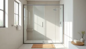 Enhance your bathroom with a stylish shower screen door featuring sleek design and natural light.