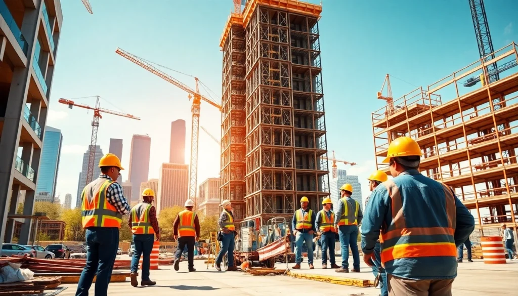 Austin construction workers collaborate on a bustling construction site with a city skyline backdrop.