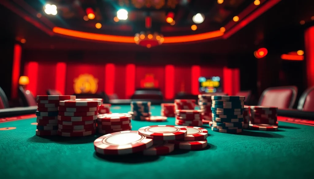 1win depozitsiz bonus ilə çəkilmiş peşəkar kazino otağında poker çipləri və kartlar.