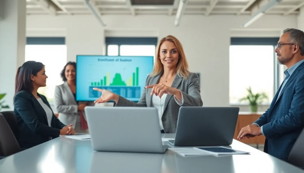 Environmental law firm professionals collaborating on sustainable solutions in a conference room.
