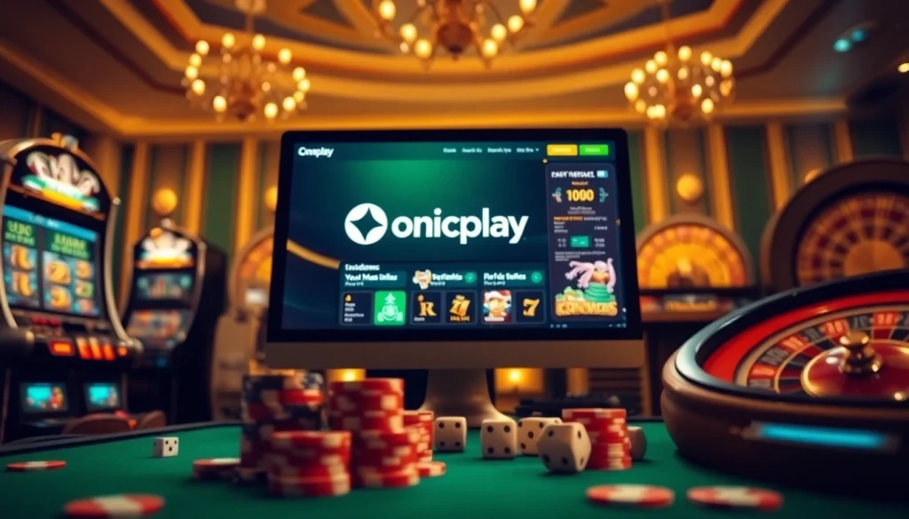 Experience exciting gameplay on Onicplay with vibrant slot machines, poker chips, and roulette.