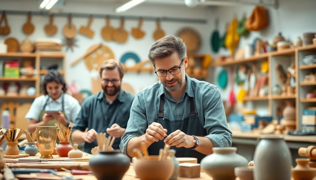 Showcasing craft training programs in a vibrant workshop setting, highlighting creativity and craftsmanship.