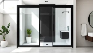 Showcasing a black shower door frame in a modern bath with elegant design features.