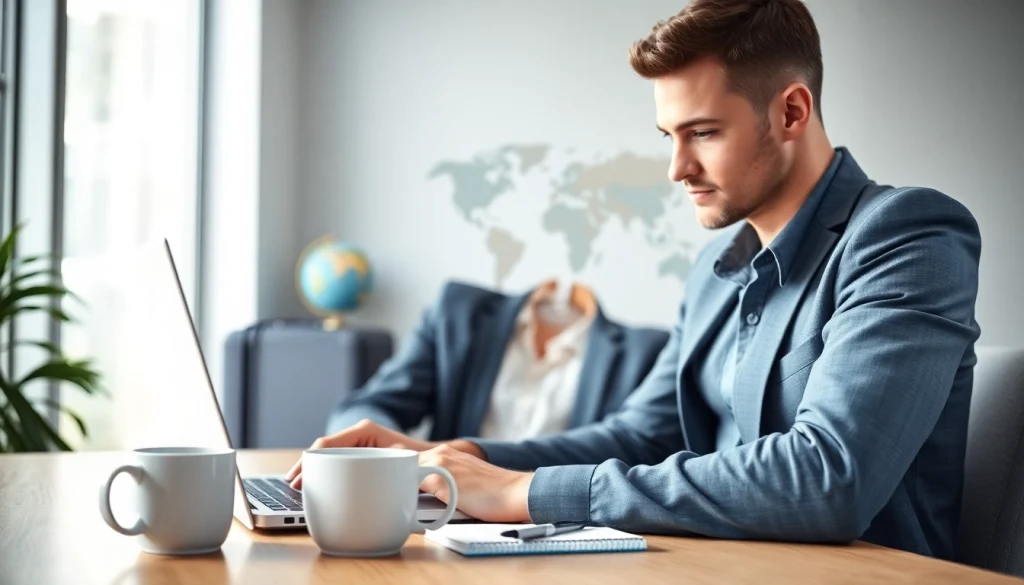 Completing the eta application uk on a laptop in a modern office setting.