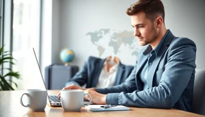 Completing the eta application uk on a laptop in a modern office setting.