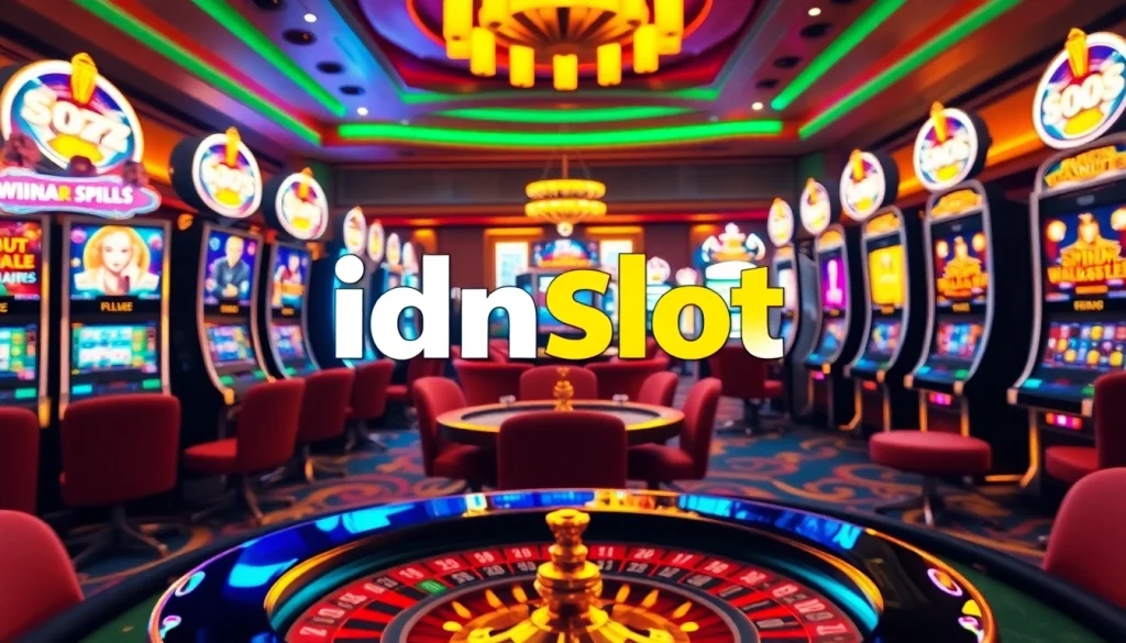 Players enjoying slots at Idnslot casino with vibrant machines and roulette table.