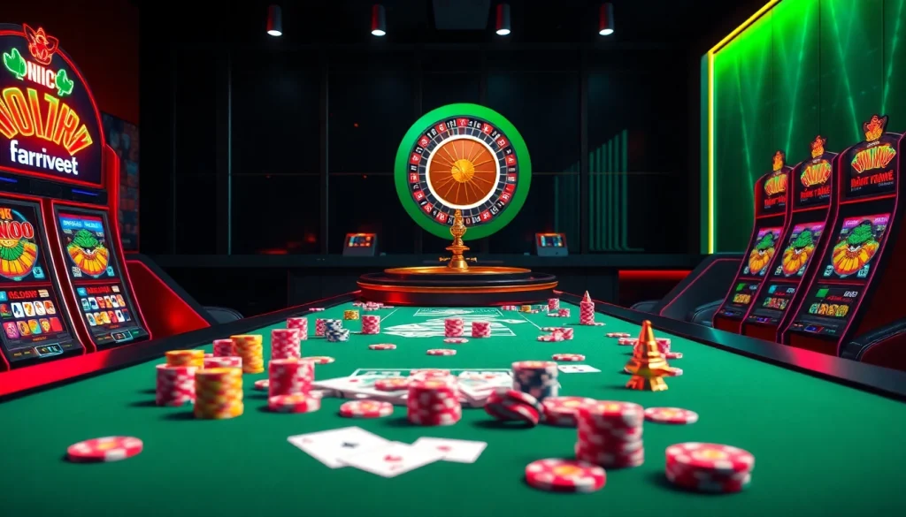 Engaging visual of onicplay online casino with vibrant slot machines and a roulette wheel.