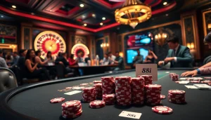 Players at an elegant poker table enjoying a thrilling game at 88i casino, with colorful chips and cards.