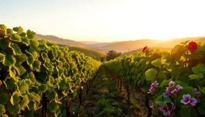 Visit Winery Sacramento with stunning vineyards and a sunset view showcasing grapevines.