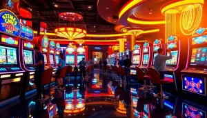 Rasakan kegembiraan slot deposit pulsa tanpa potongan dengan mesin slot yang berwarna-warni dan pemain yang ceria.