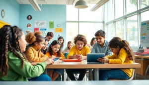 Engaged students collaborating in a modern classroom that exemplifies innovative education.