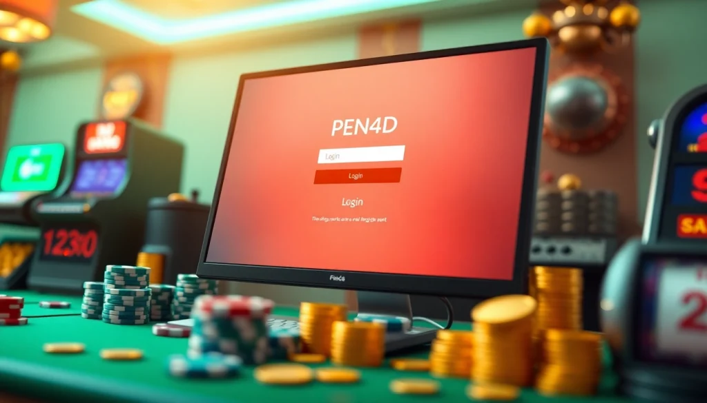 PEN4D login interface showcased with poker chips and slot machine icons for online gambling excitement.