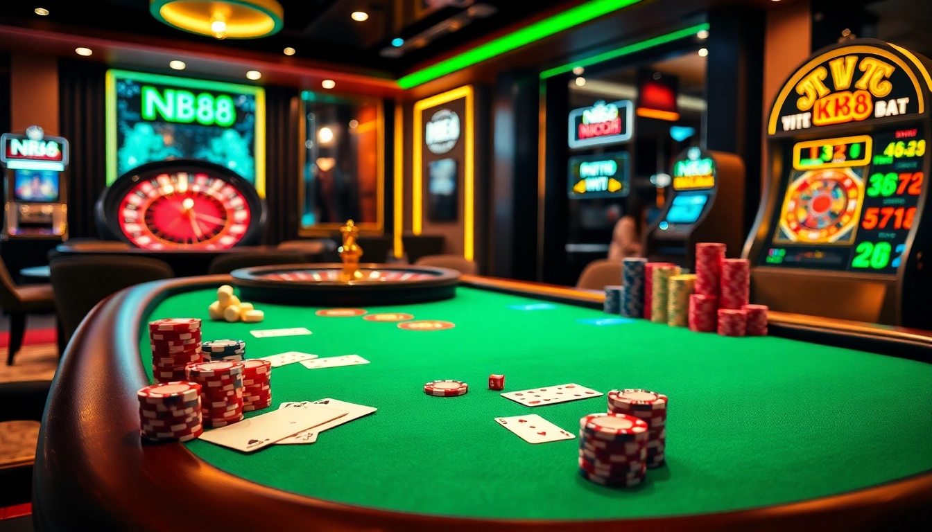 Experience thrilling gameplay at NK88 with a vibrant casino scene featuring poker chips and cards.