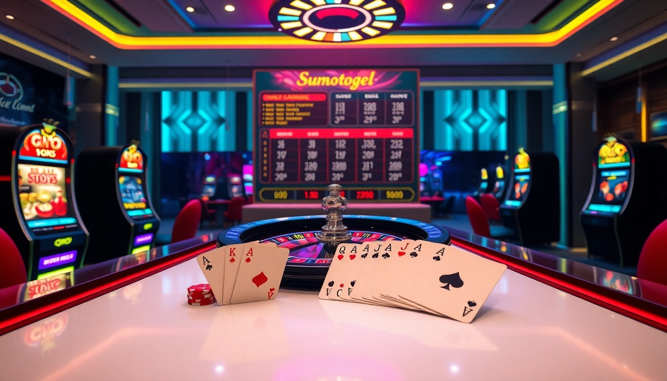 Permainan yang mendebarkan di platform Sumotogel dengan mesin slot yang berwarna-warni dan rolet untuk para penjudi.