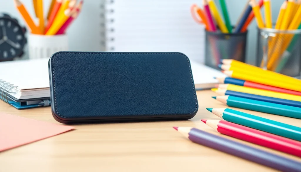 Handytasche Lehrer auf einem Schreibtisch, umgeben von Schulmaterialien und Notizen.