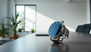 Engaging image of a Finesse Smart Watch resting on a contemporary desk, embodying sophistication.