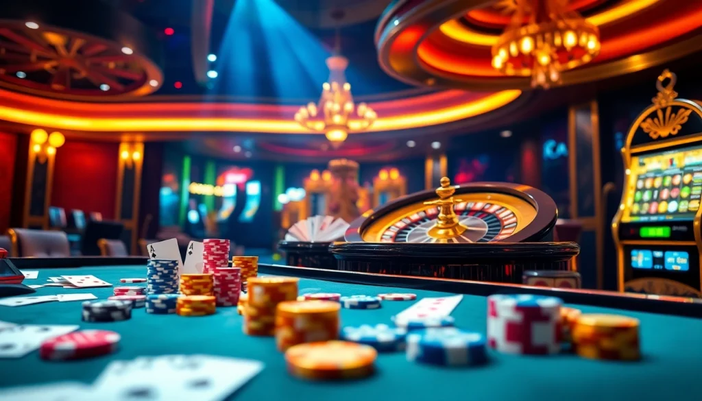 Scène captivante de casino en ligne mettant en vedette la roulette, des cartes et des machines à sous.