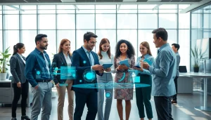 AI w Europie: Profesjonaliści współpracujący z technologią AI w nowoczesnym biurze.