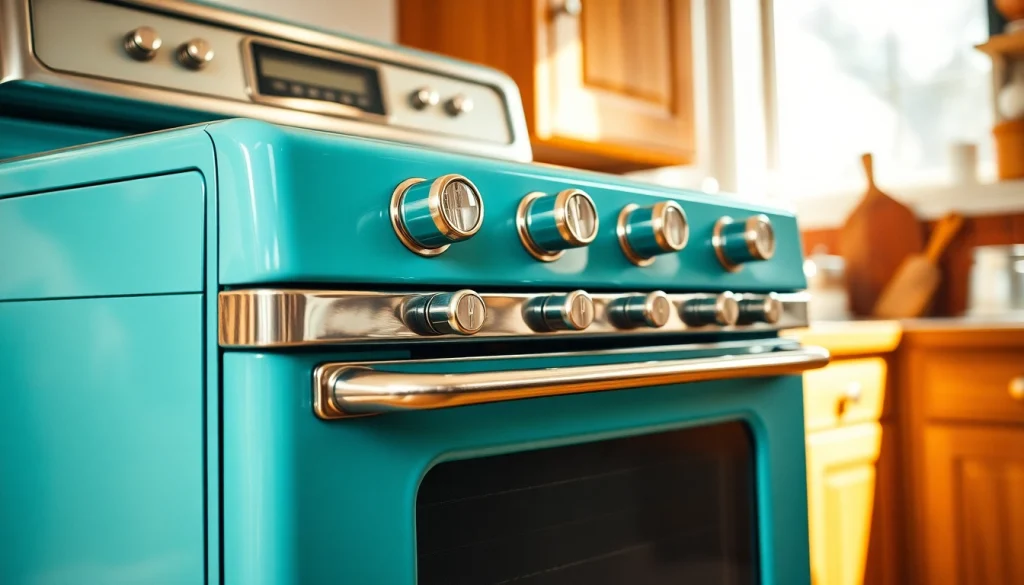 View of a vibrant Retro Oven in a cozy kitchen, showcasing its charming design and colors.