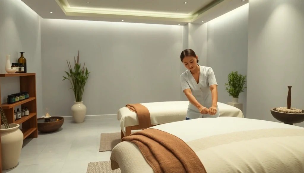 편안한 장식과 에센셜 오일이 있는 스웨디시 마사지 요법 준비 상태.