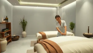 편안한 장식과 에센셜 오일이 있는 스웨디시 마사지 요법 준비 상태.