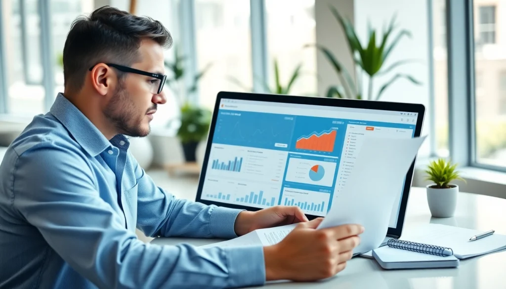 Review process in contract management showcasing a consultant analyzing contracts with digital tools.